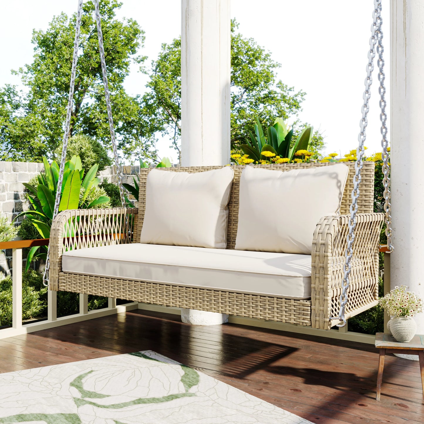 Garden furniture swing for 2 people, with necklaces, hanging armchair with seat cushion and back