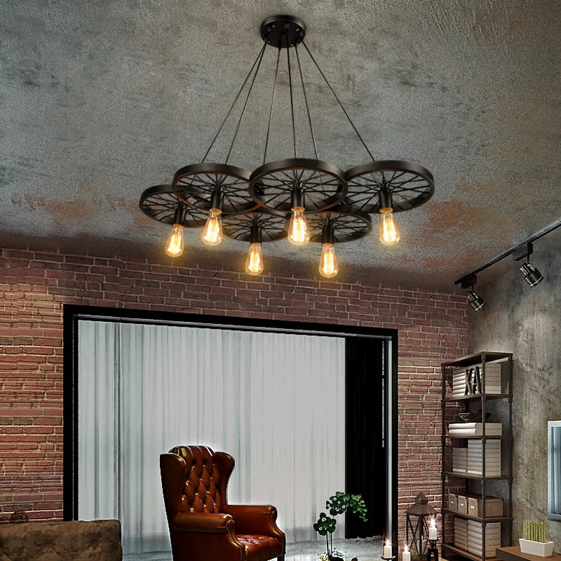 Industrial style light creative iron pendant light vintage wheel lamp