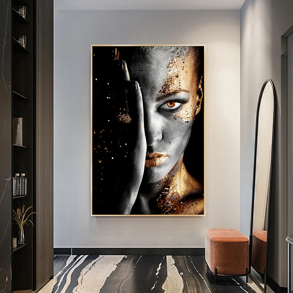 African Art Black and Gold Woman Oil Painting on Canvas Print Scandinavian