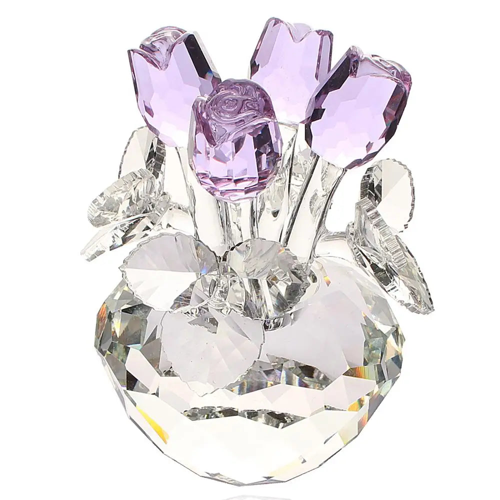 Crystal Glass Rose Bouquet Flowers Figurines with Red Gift Box