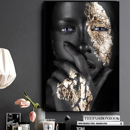 African Art Black and Gold Woman Oil Painting on Canvas Print Scandinavian