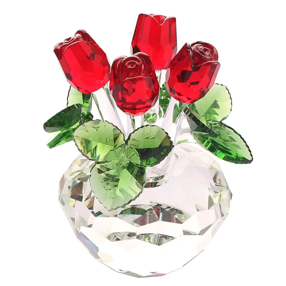 Crystal Glass Rose Bouquet Flowers Figurines with Red Gift Box