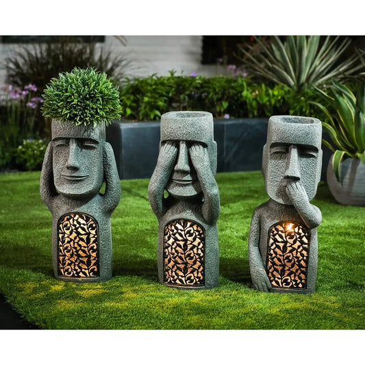 See Hear Speak No Evil Easter Island Statues – Resin Garden Figurines with Light | 25c