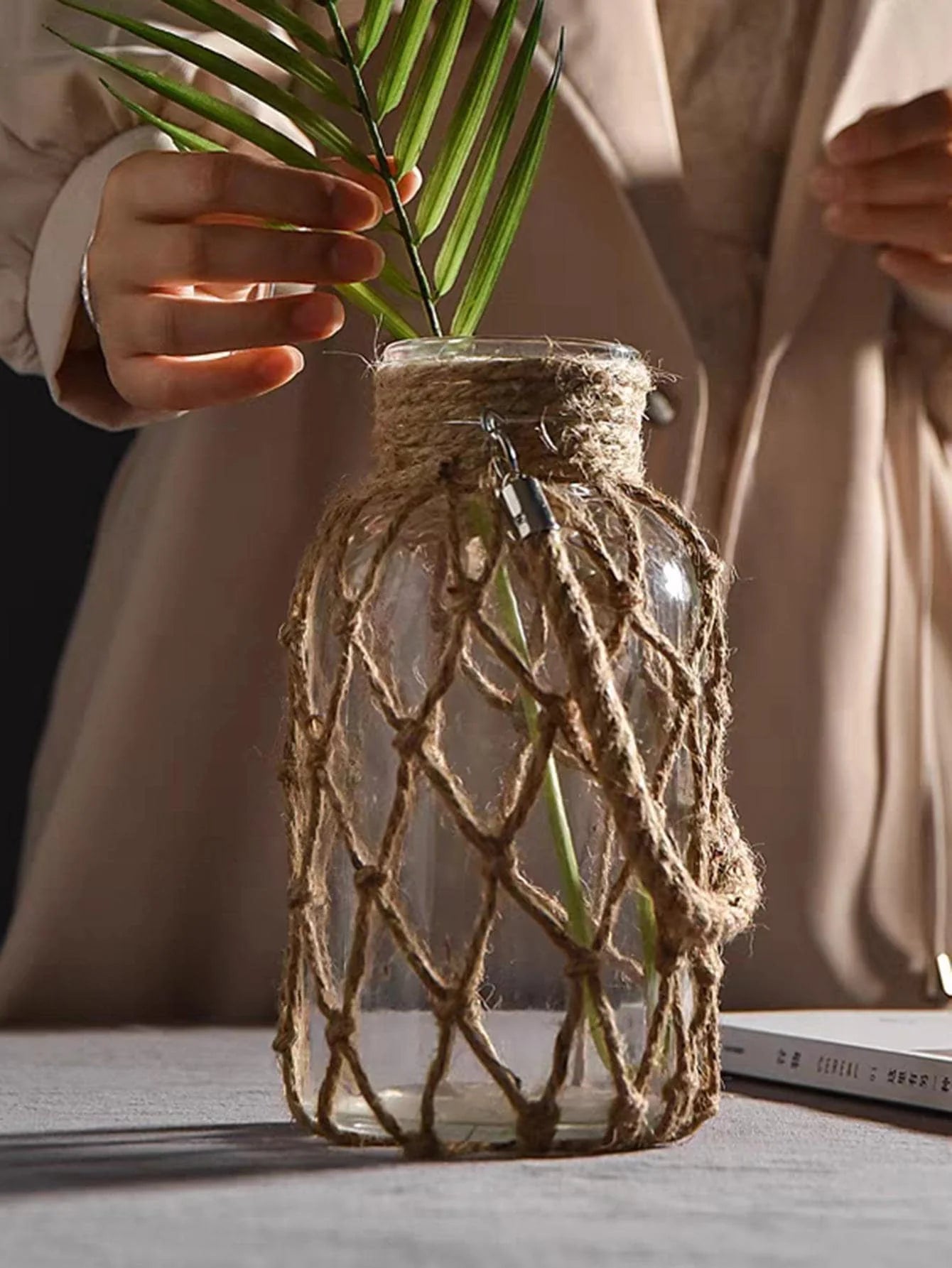 Rustic Glass Vase Rope Net Dry Flower Glass Vase with Art Hemp Rope  Home Transparent Living Room Decor Table Decoration