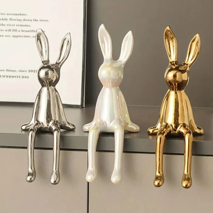 Ceramic Long-Eared Sitting Rabbit Statue Luxury Home Decoration