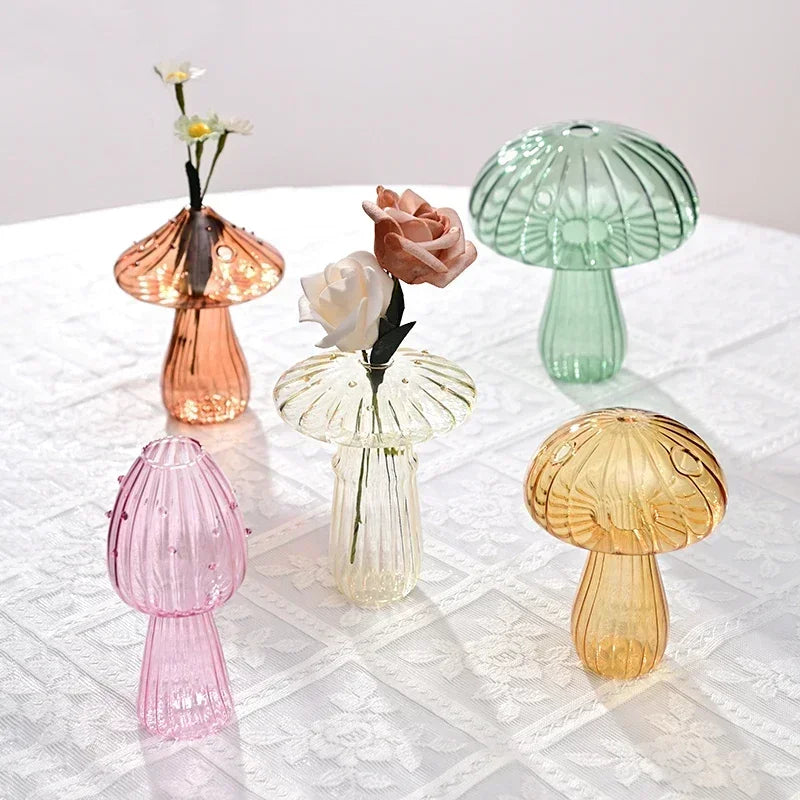 Mushroom Vase Glass Transparent Flower Bottle Vase for Decoration