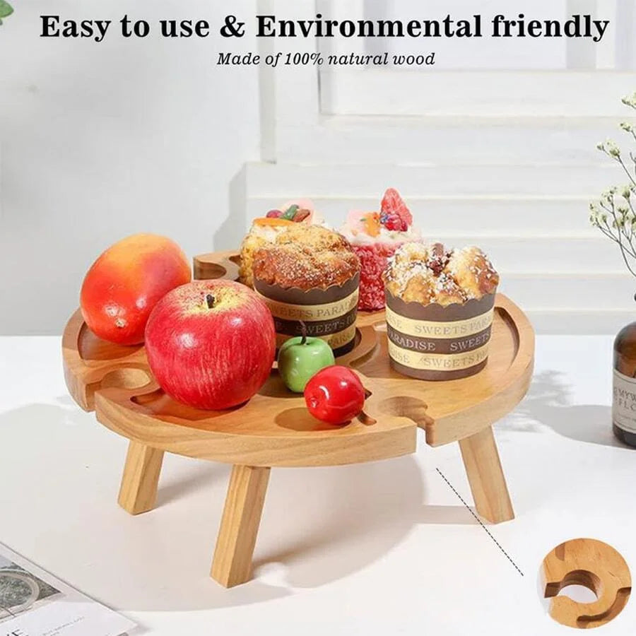 Wooden Folding Picnic Table-With Glass Holder 2in1 Round Desk Wine Glass Rack Collapsible