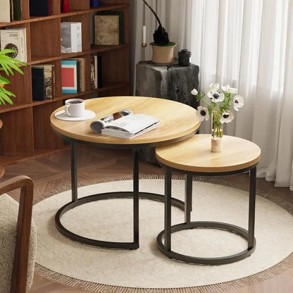 Round Coffee Table Wood Grain Top with Adjustable Non-Slip Feet