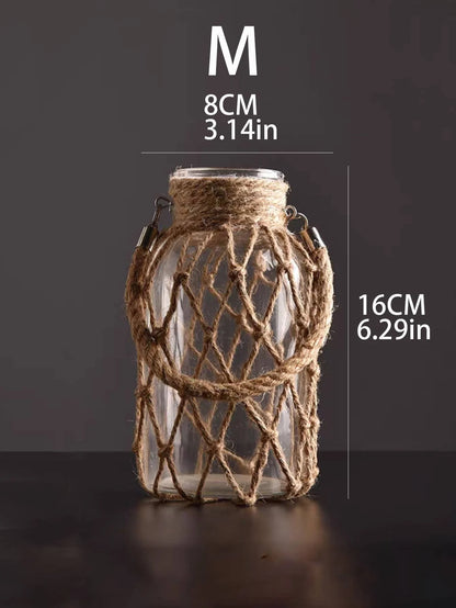 Rustic Glass Vase Rope Net Dry Flower Glass Vase with Art Hemp Rope  Home Transparent Living Room Decor Table Decoration