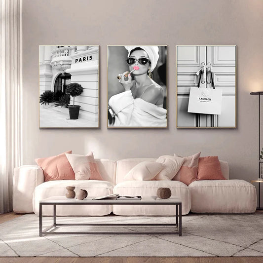 Black & White Fashion Perfume Wall Art – Luxury Canvas Print | Coco Quote & Car Poster