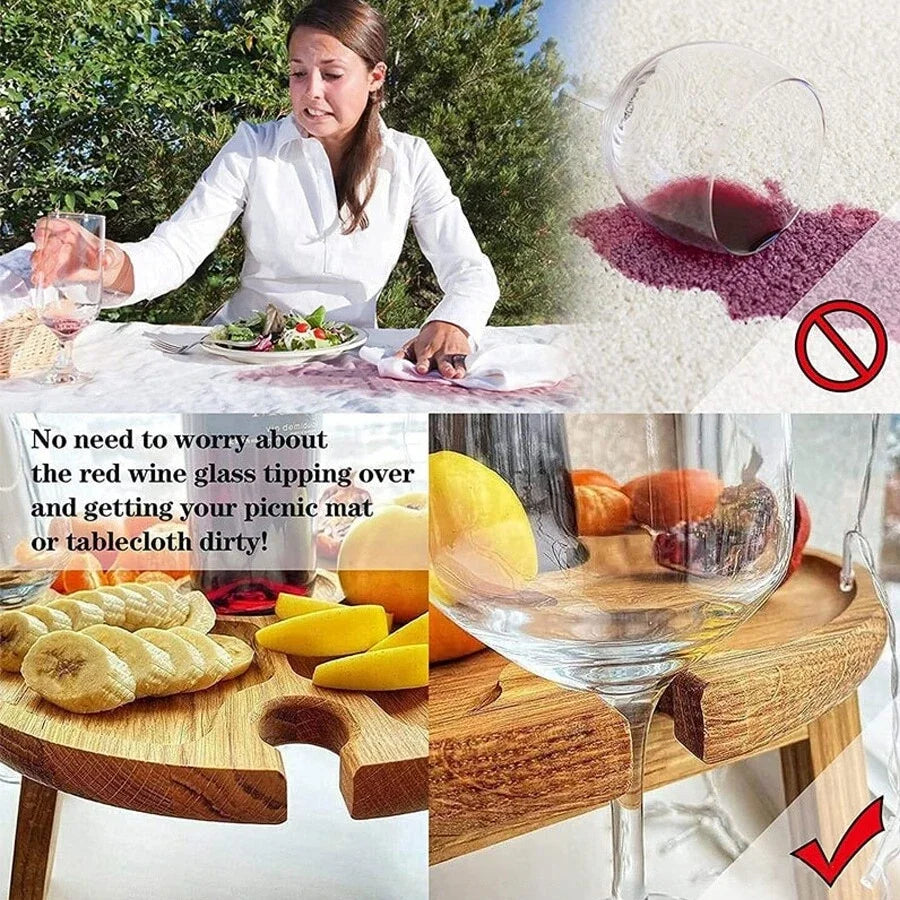 Wooden Folding Picnic Table-With Glass Holder 2in1 Round Desk Wine Glass Rack Collapsible