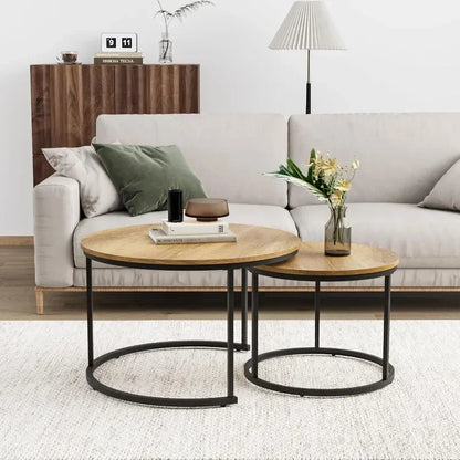 Round Coffee Table Wood Grain Top with Adjustable Non-Slip Feet